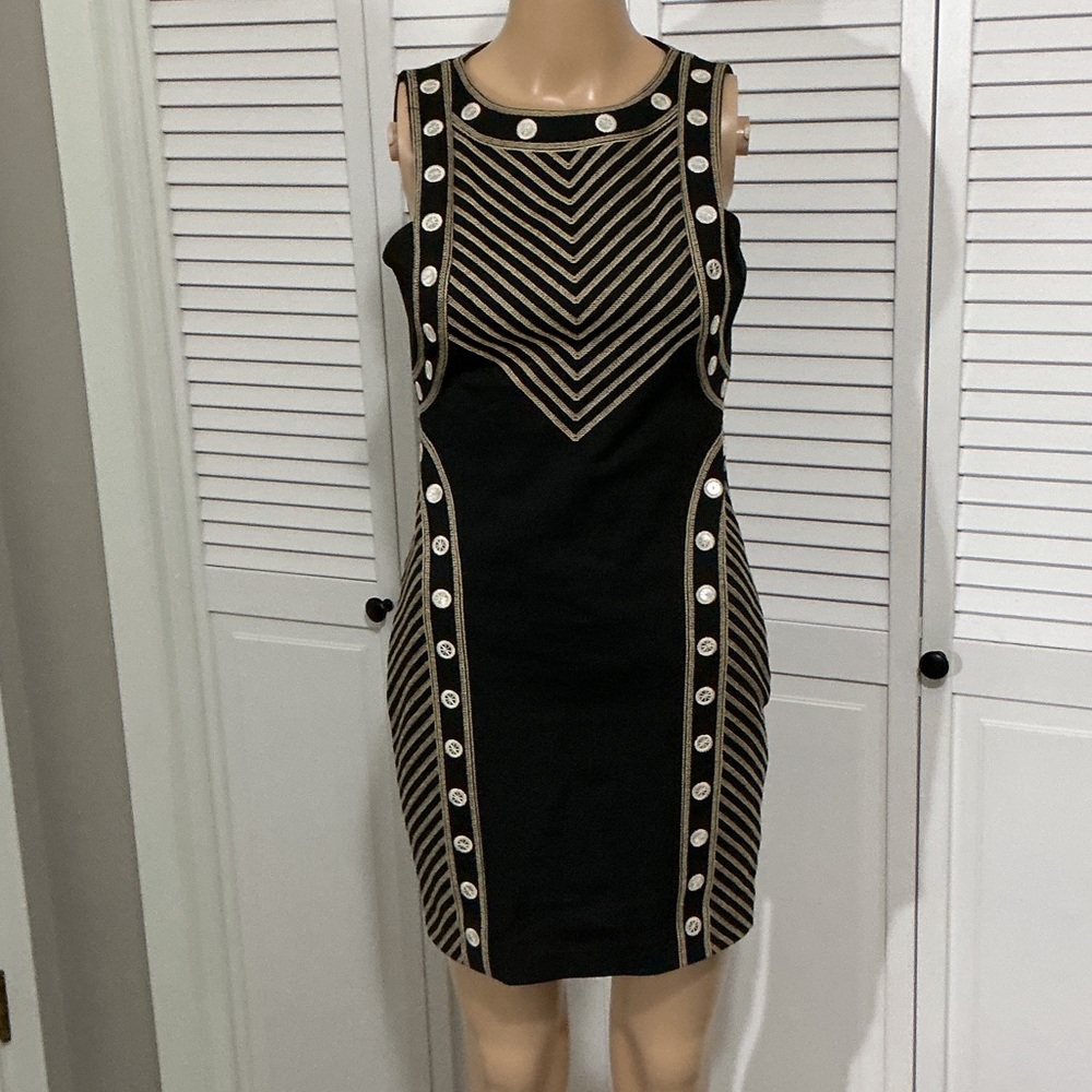 BCBGMaxAzria Black and Gold Striped Sleeveless Sheath Dress